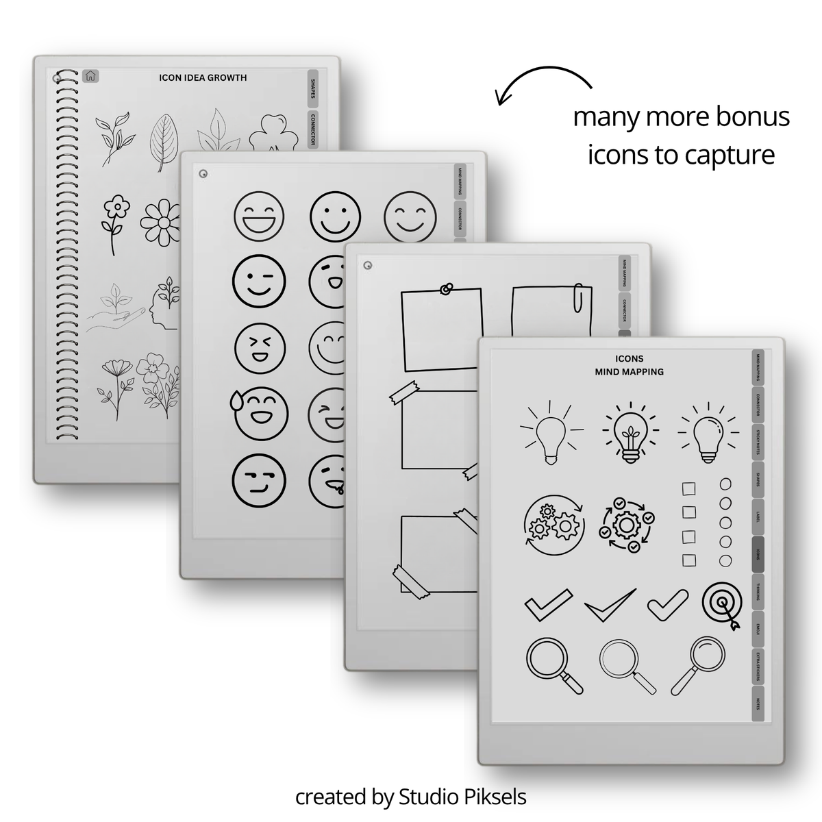 digital mind map stickers for reMarkable Paper Pro, Paper Pure, and reMarkable 2 with connectors, sticky notes, labels, icons, and emojis.
