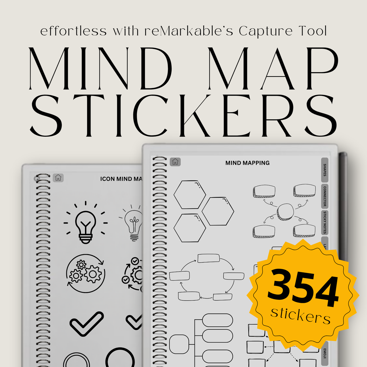 digital mind map stickers for reMarkable Paper Pro, Paper Pure, and reMarkable 2 with connectors, sticky notes, labels, icons, and emojis.