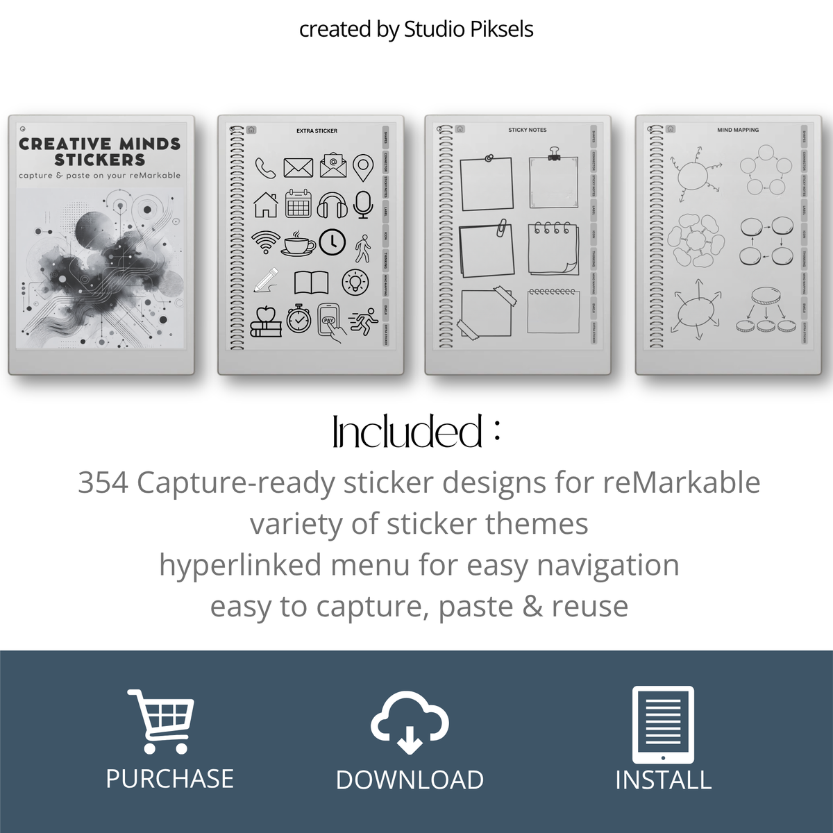 digital mind map stickers for reMarkable Paper Pro, Paper Pure, and reMarkable 2 with connectors, sticky notes, labels, icons, and emojis.