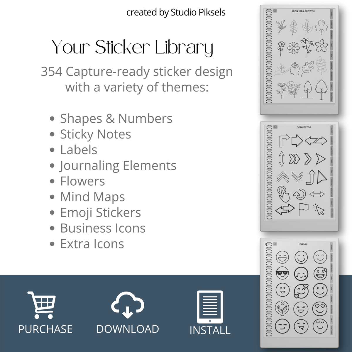 digital mind map stickers for reMarkable Paper Pro, Paper Pure, and reMarkable 2 with connectors, sticky notes, labels, icons, and emojis.
