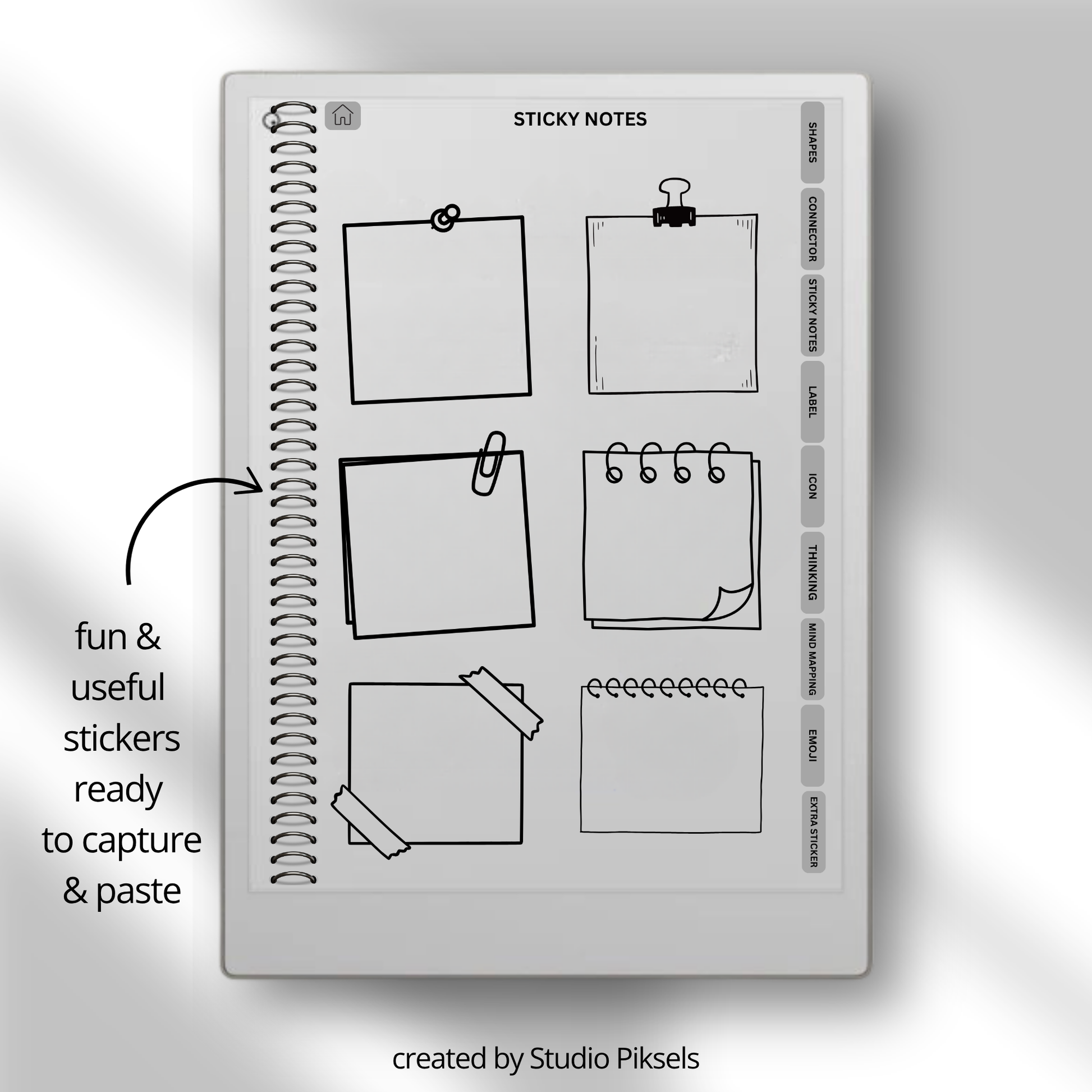 digital mind map stickers for reMarkable Paper Pro, Paper Pure, and reMarkable 2 with connectors, sticky notes, labels, icons, and emojis.