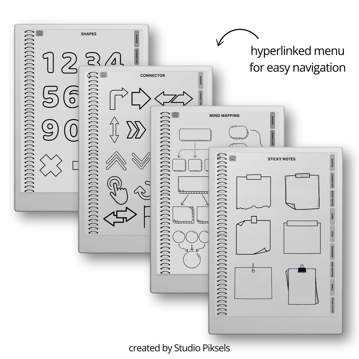 digital mind map stickers for reMarkable Paper Pro, Paper Pure, and reMarkable 2 with connectors, sticky notes, labels, icons, and emojis.