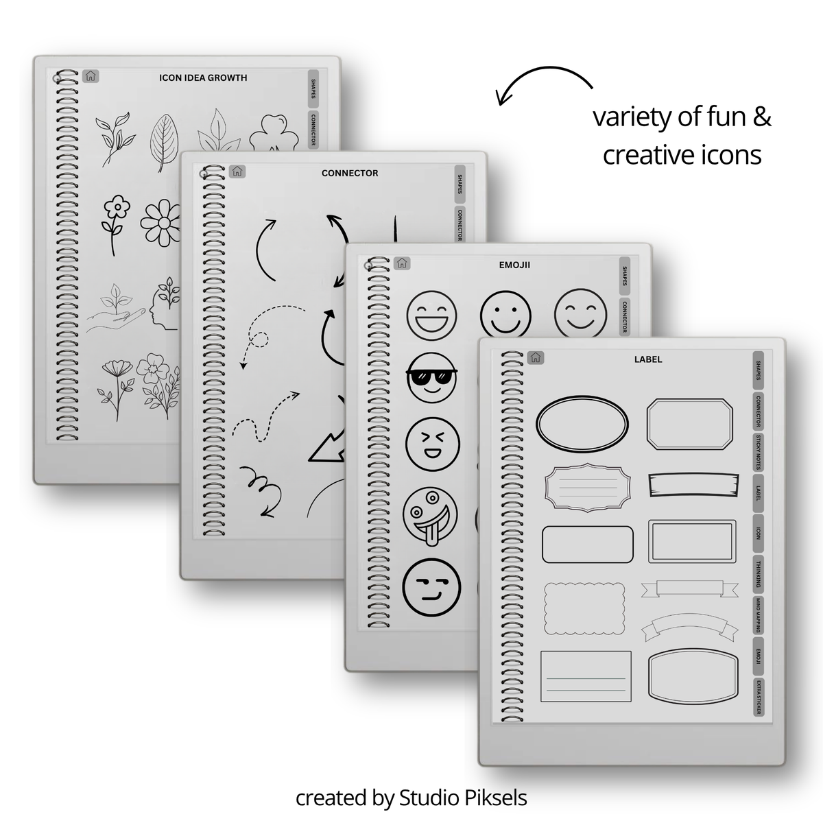 digital mind map stickers for reMarkable Paper Pro, Paper Pure, and reMarkable 2 with connectors, sticky notes, labels, icons, and emojis.