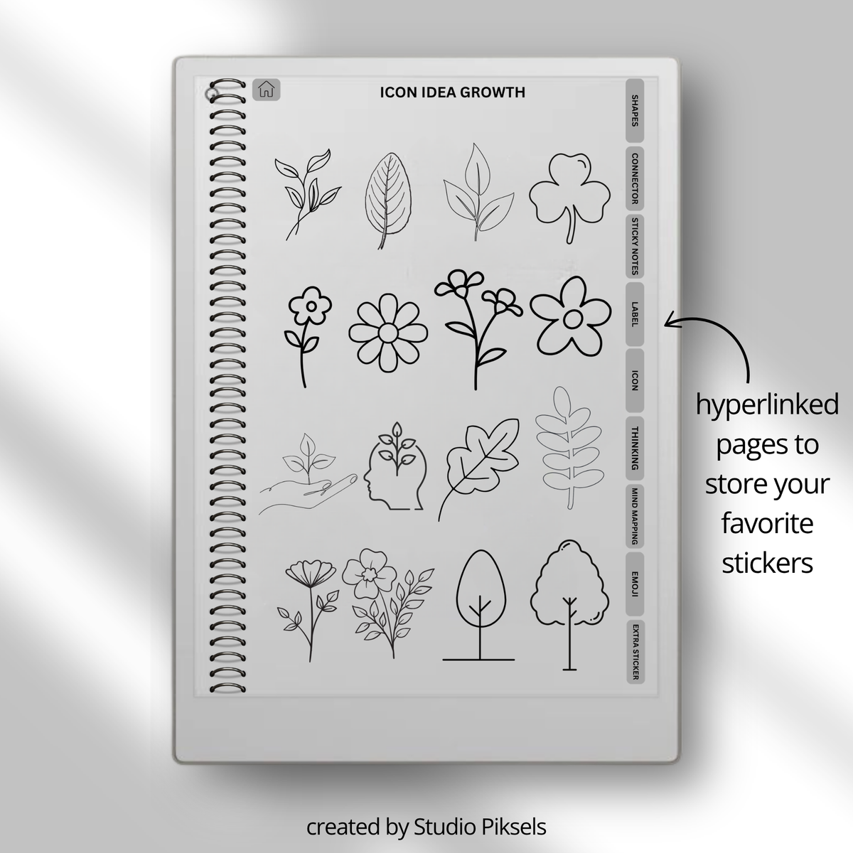 digital mind map stickers for reMarkable Paper Pro, Paper Pure, and reMarkable 2 with connectors, sticky notes, labels, icons, and emojis.