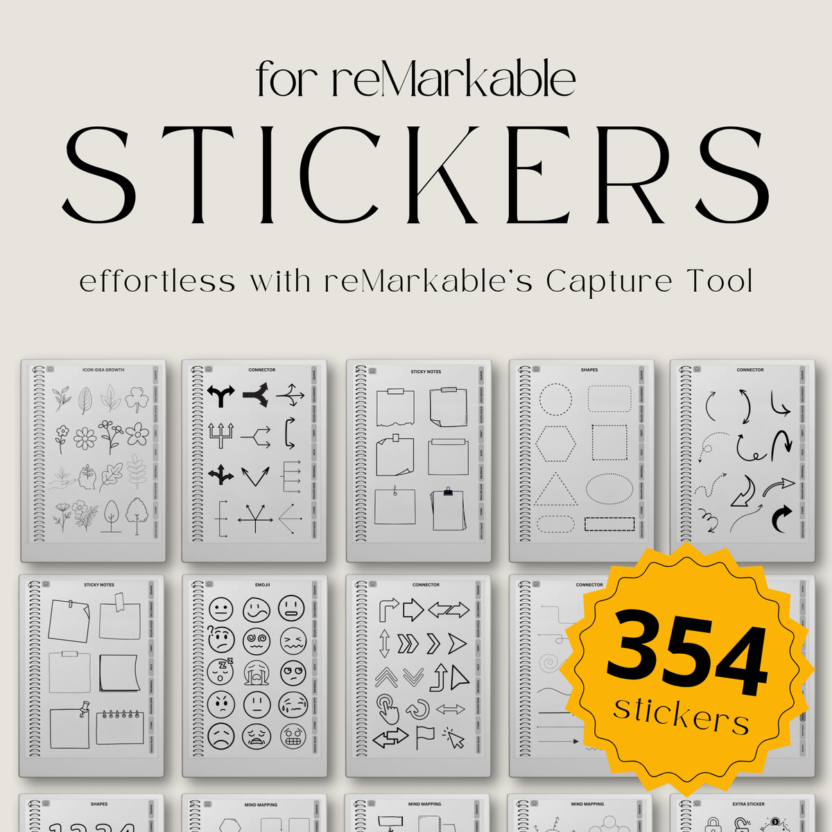 digital mind map stickers for reMarkable Paper Pro, Paper Pure, and reMarkable 2 with connectors, sticky notes, labels, icons, and emojis.