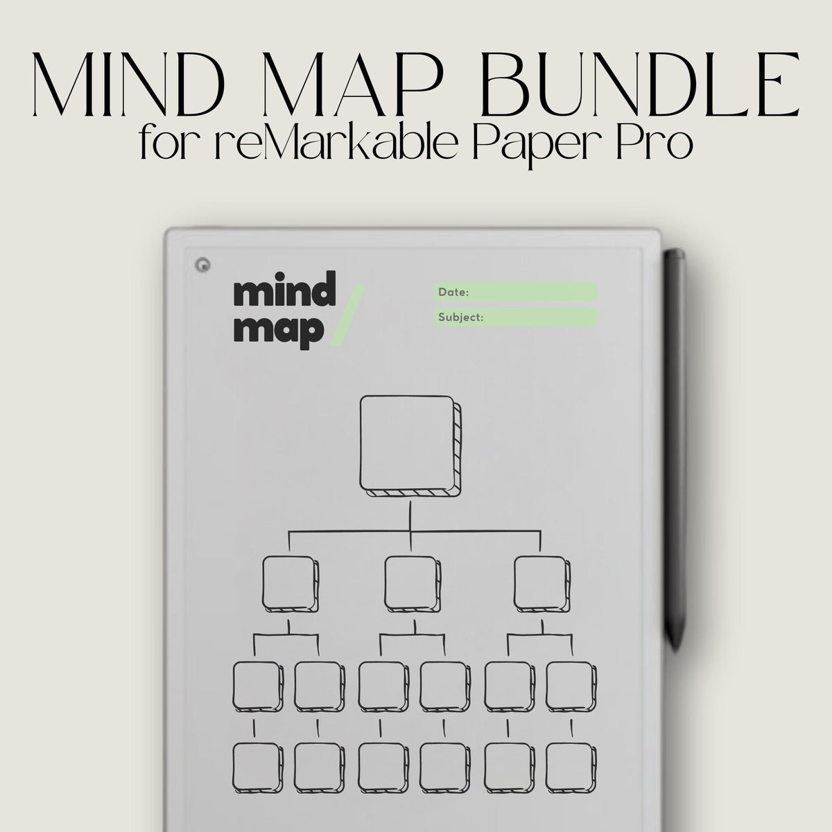 Collection of mind map templates on a white background with text and icons at the bottom.