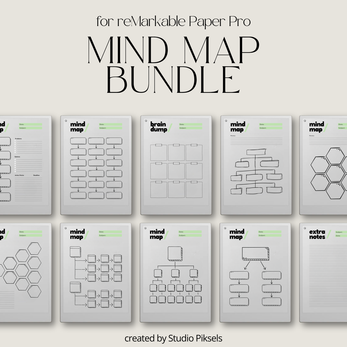 digital mind map templates for reMarkable Paper Pro with brain dump, sticky notes, hierarchical and hexagonal layouts for brainstorming and planning.