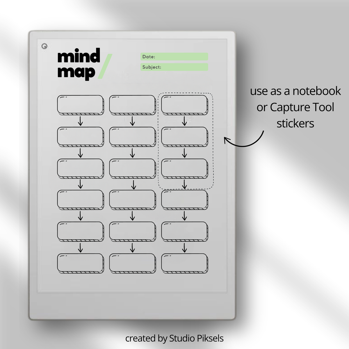 digital mind map templates for reMarkable Paper Pro with brain dump, sticky notes, hierarchical and hexagonal layouts for brainstorming and planning.