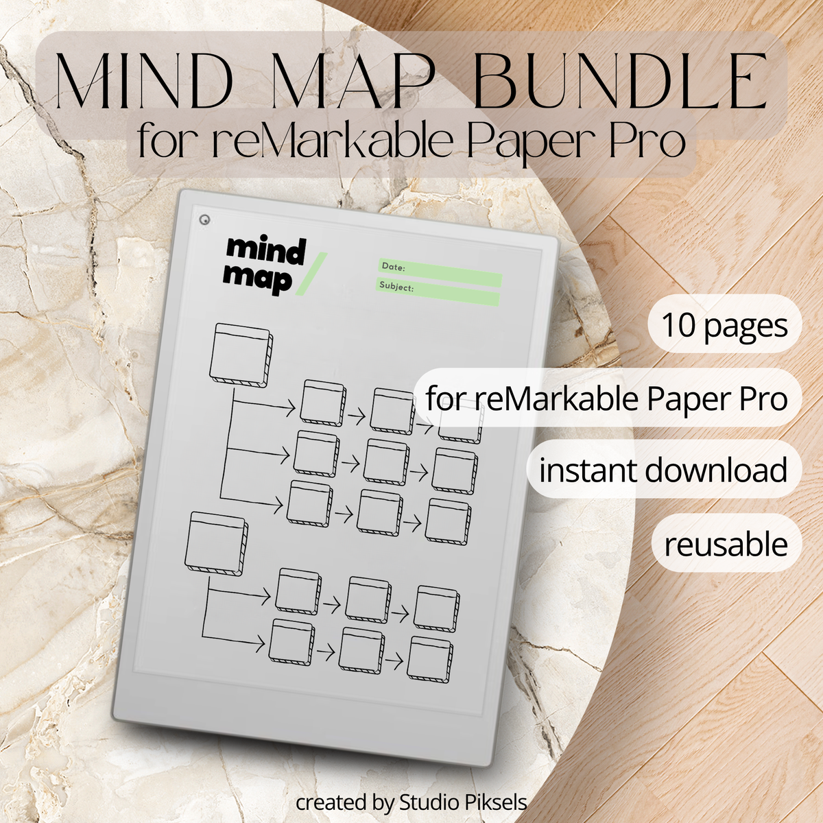 digital mind map templates for reMarkable Paper Pro with brain dump, sticky notes, hierarchical and hexagonal layouts for brainstorming and planning.