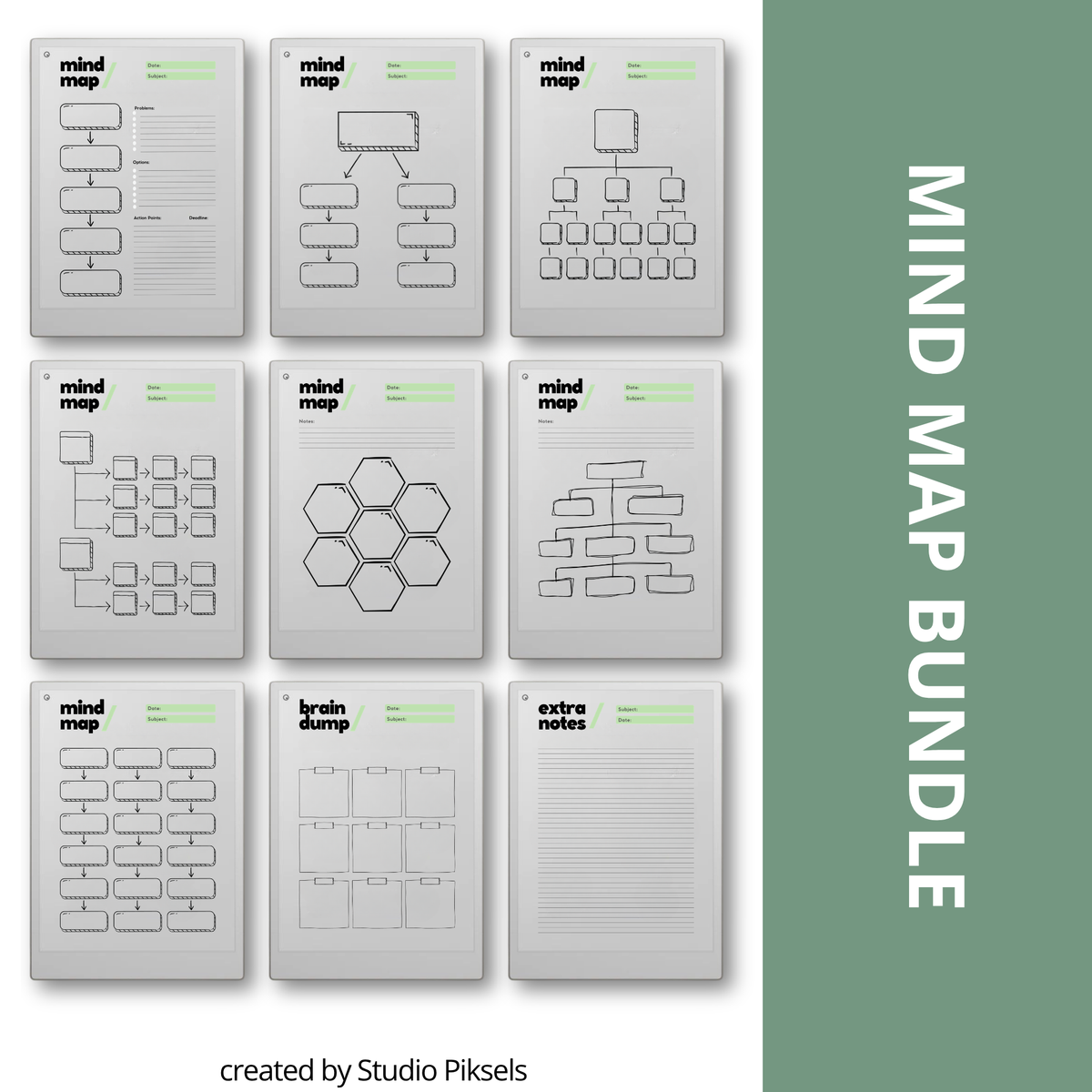 digital mind map templates for reMarkable Paper Pro with brain dump, sticky notes, hierarchical and hexagonal layouts for brainstorming and planning.