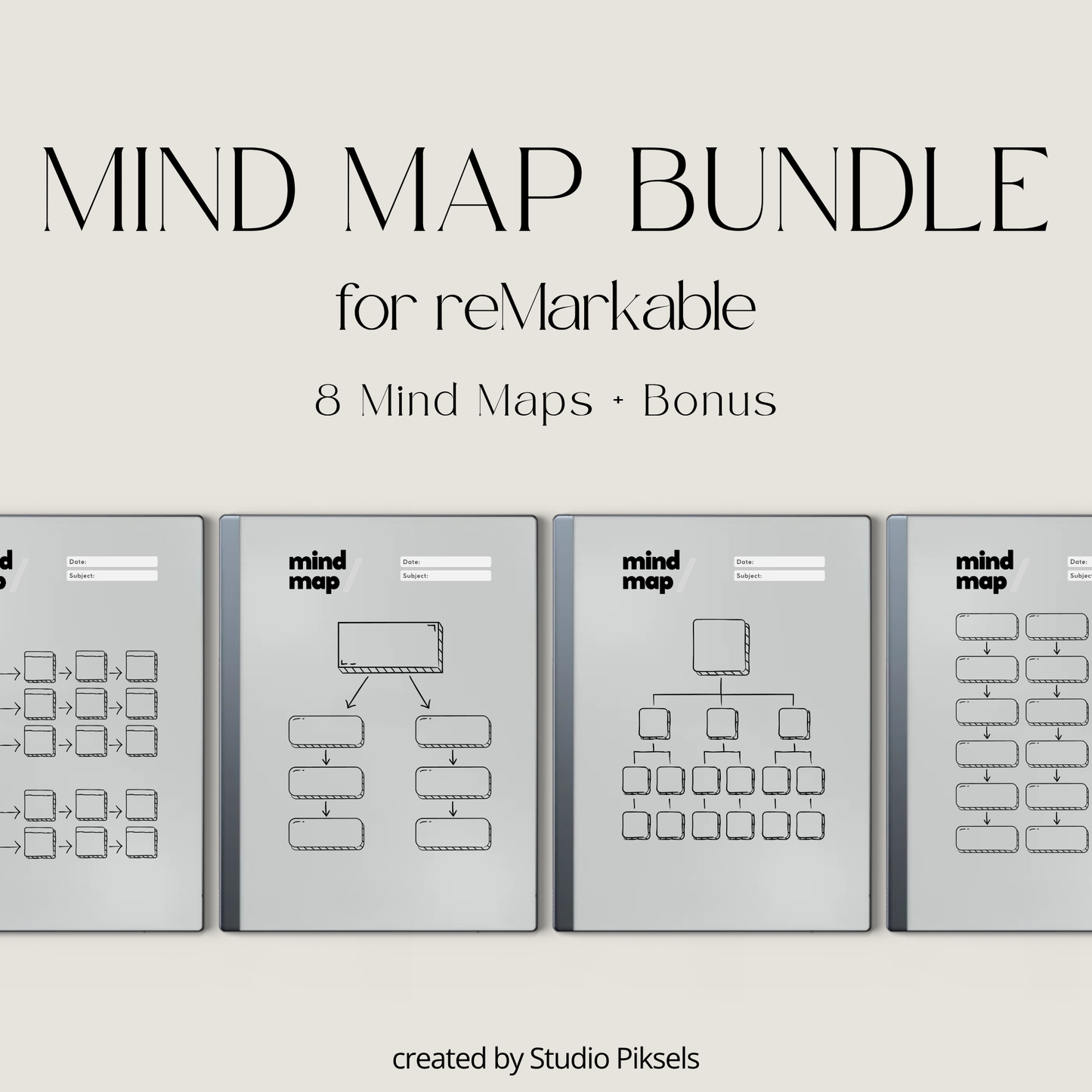 Minimalist mind map template bundle for reMarkable Paper Pure and reMarkable 2 with 8 layouts, brain dump sticky notes, and extra notes page.