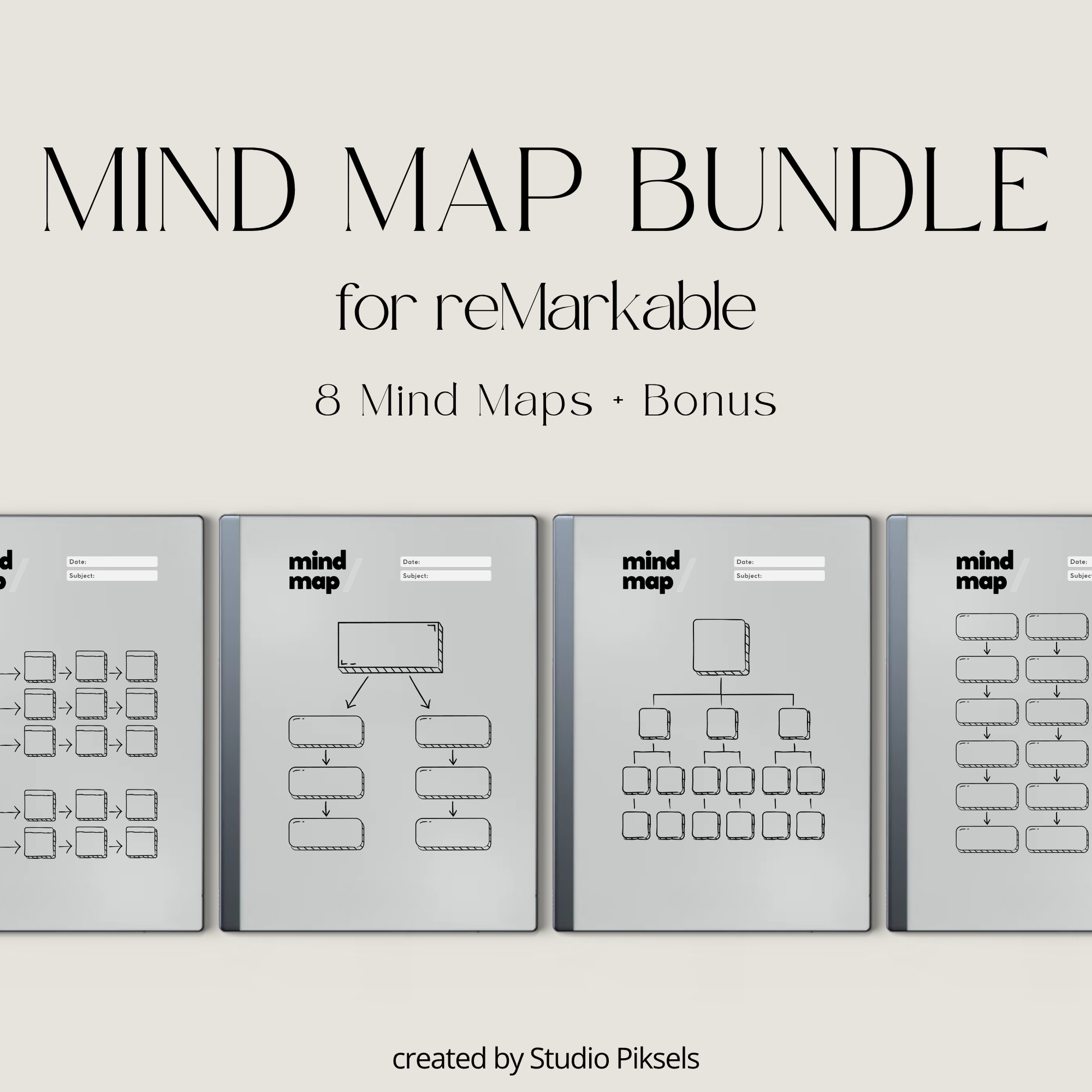 Minimalist mind map template bundle for reMarkable Paper Pure and reMarkable 2 with 8 layouts, brain dump sticky notes, and extra notes page.