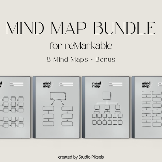 Minimalist mind map template bundle for reMarkable Paper Pure and reMarkable 2 with 8 layouts, brain dump sticky notes, and extra notes page.