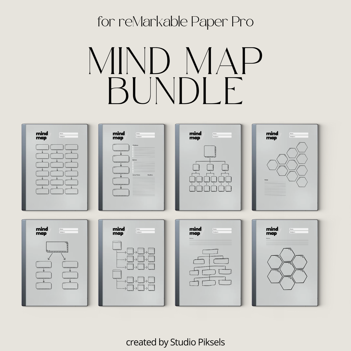 Minimalist mind map template bundle for reMarkable Paper Pure and reMarkable 2 with 8 layouts, brain dump sticky notes, and extra notes page.
