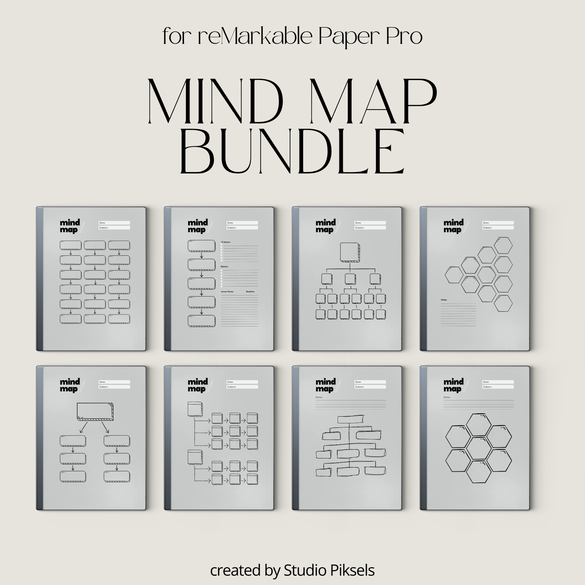 Minimalist mind map template bundle for reMarkable Paper Pure and reMarkable 2 with 8 layouts, brain dump sticky notes, and extra notes page.