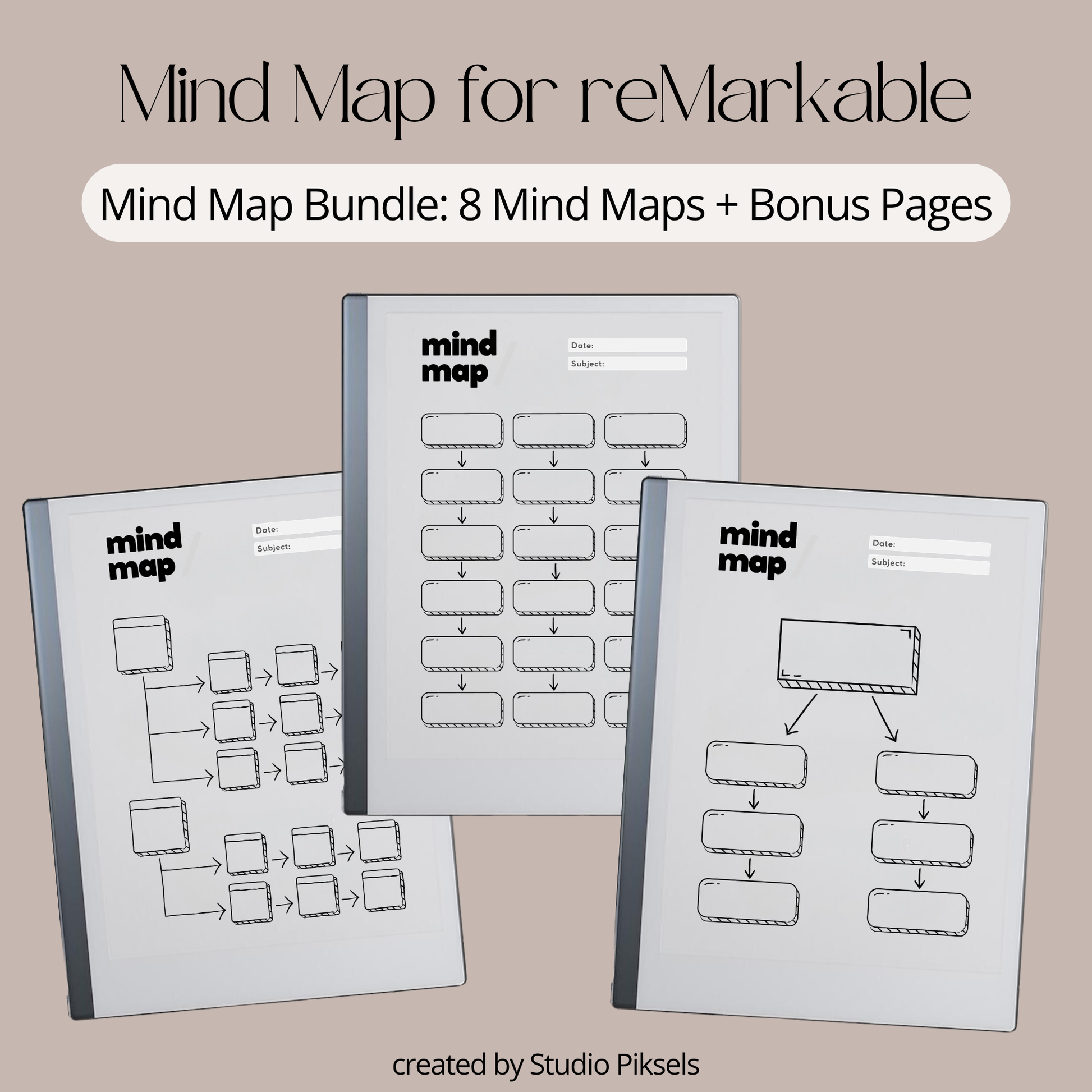 Minimalist mind map template bundle for reMarkable Paper Pure and reMarkable 2 with 8 layouts, brain dump sticky notes, and extra notes page.