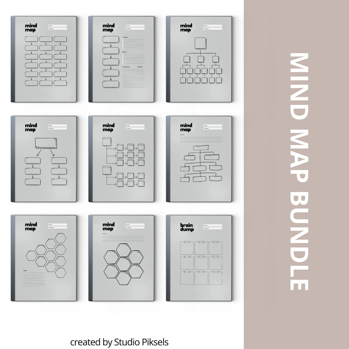 Minimalist mind map template bundle for reMarkable Paper Pure and reMarkable 2 with 8 layouts, brain dump sticky notes, and extra notes page.