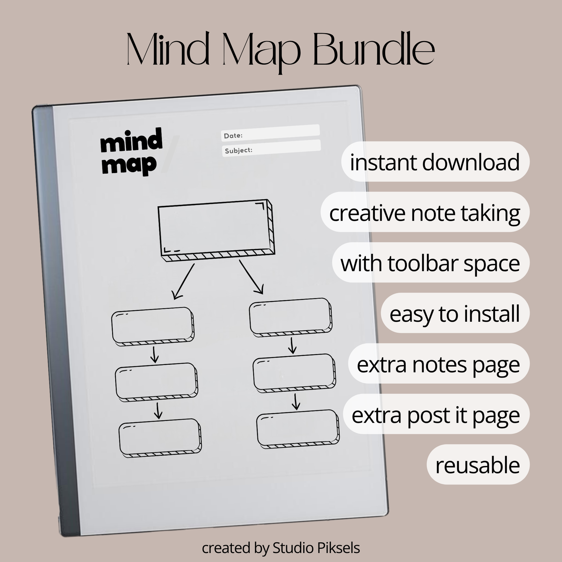 Minimalist mind map template bundle for reMarkable Paper Pure and reMarkable 2 with 8 layouts, brain dump sticky notes, and extra notes page.
