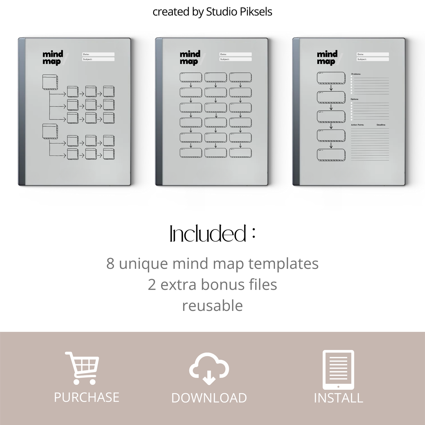 Minimalist mind map template bundle for reMarkable Paper Pure and reMarkable 2 with 8 layouts, brain dump sticky notes, and extra notes page.