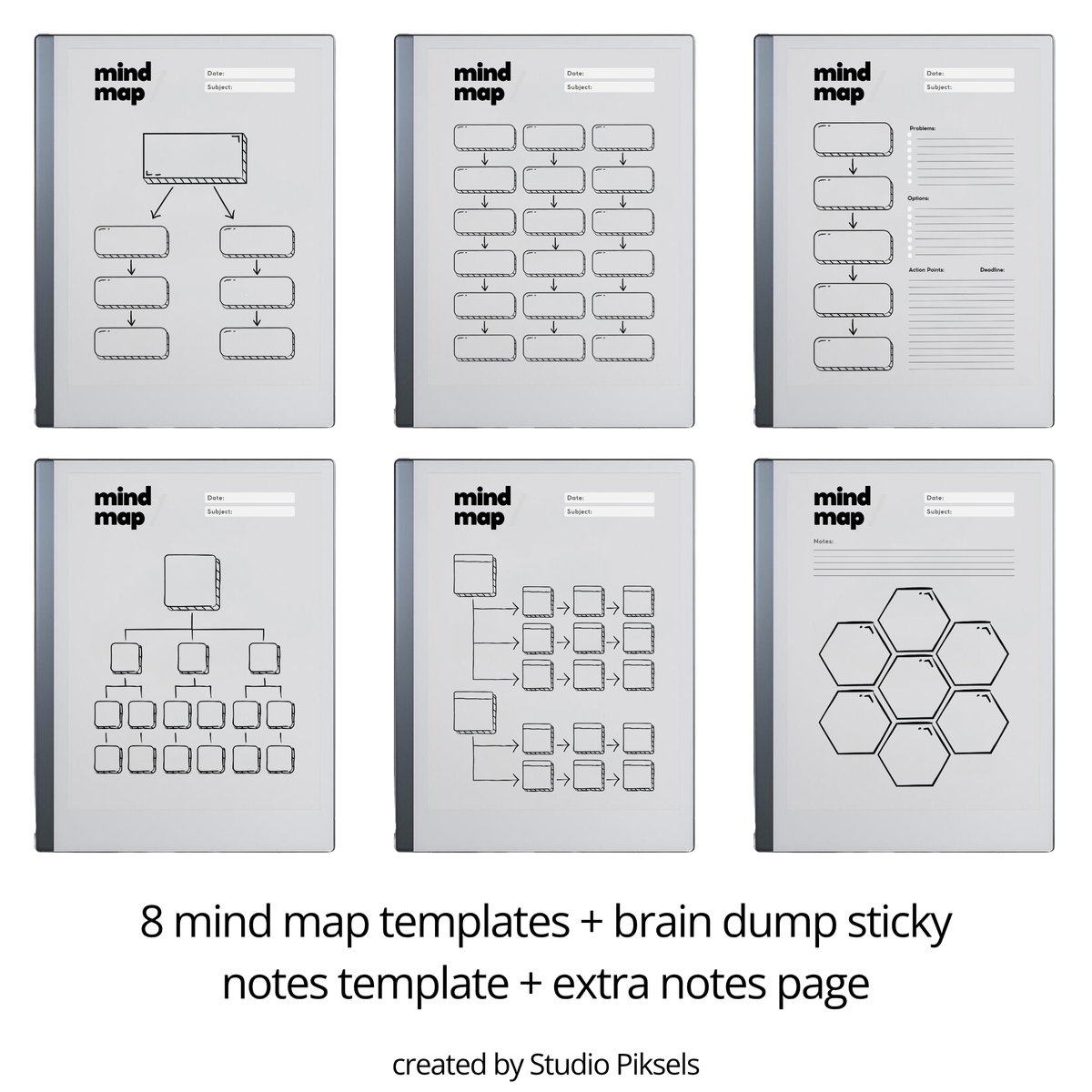 Minimalist mind map template bundle for reMarkable Paper Pure and reMarkable 2 with 8 layouts, brain dump sticky notes, and extra notes page.