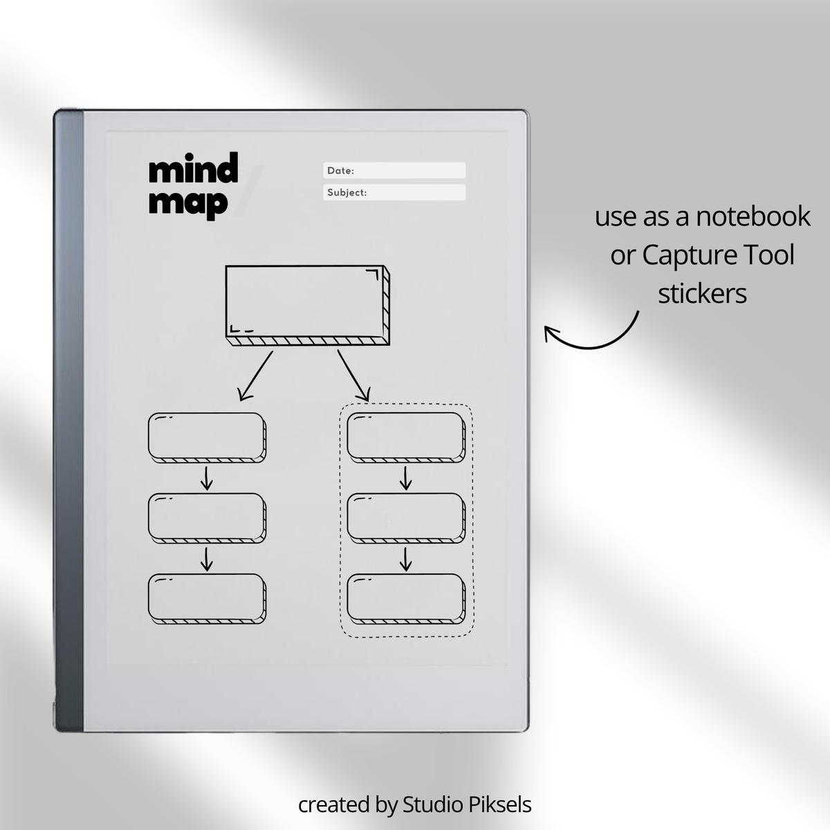 Minimalist mind map template bundle for reMarkable Paper Pure and reMarkable 2 with 8 layouts, brain dump sticky notes, and extra notes page.