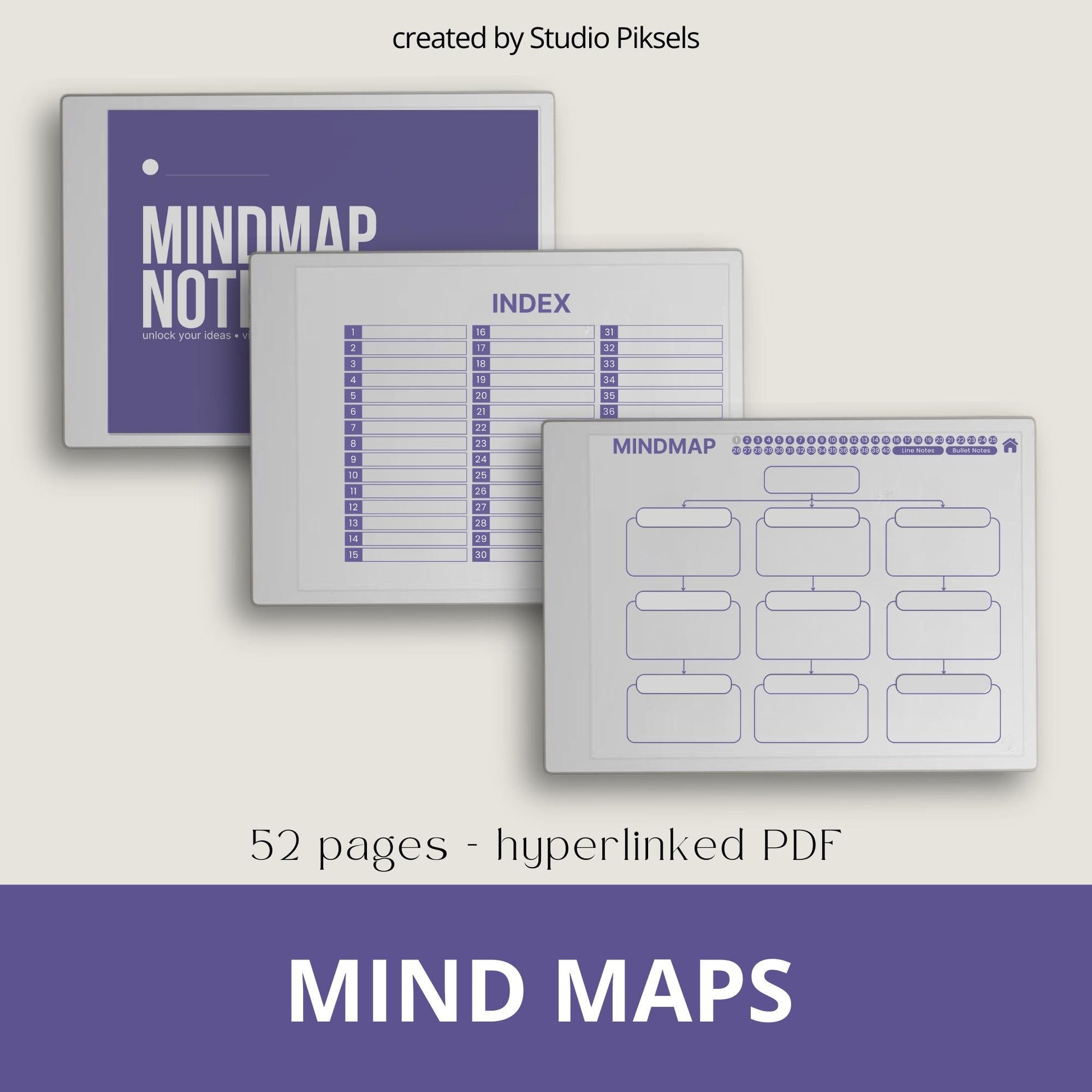 Mind Map and Idea Note for reMarkable Paper Pro with hyperlinked mind map pages, customizable index, and five color layouts.