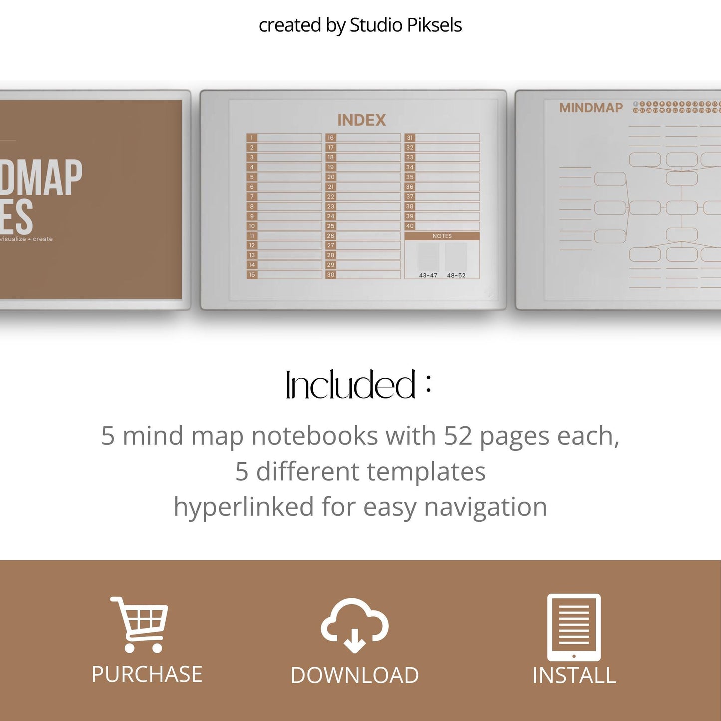 Mind Map and Idea Note for reMarkable Paper Pro with hyperlinked mind map pages, customizable index, and five color layouts.