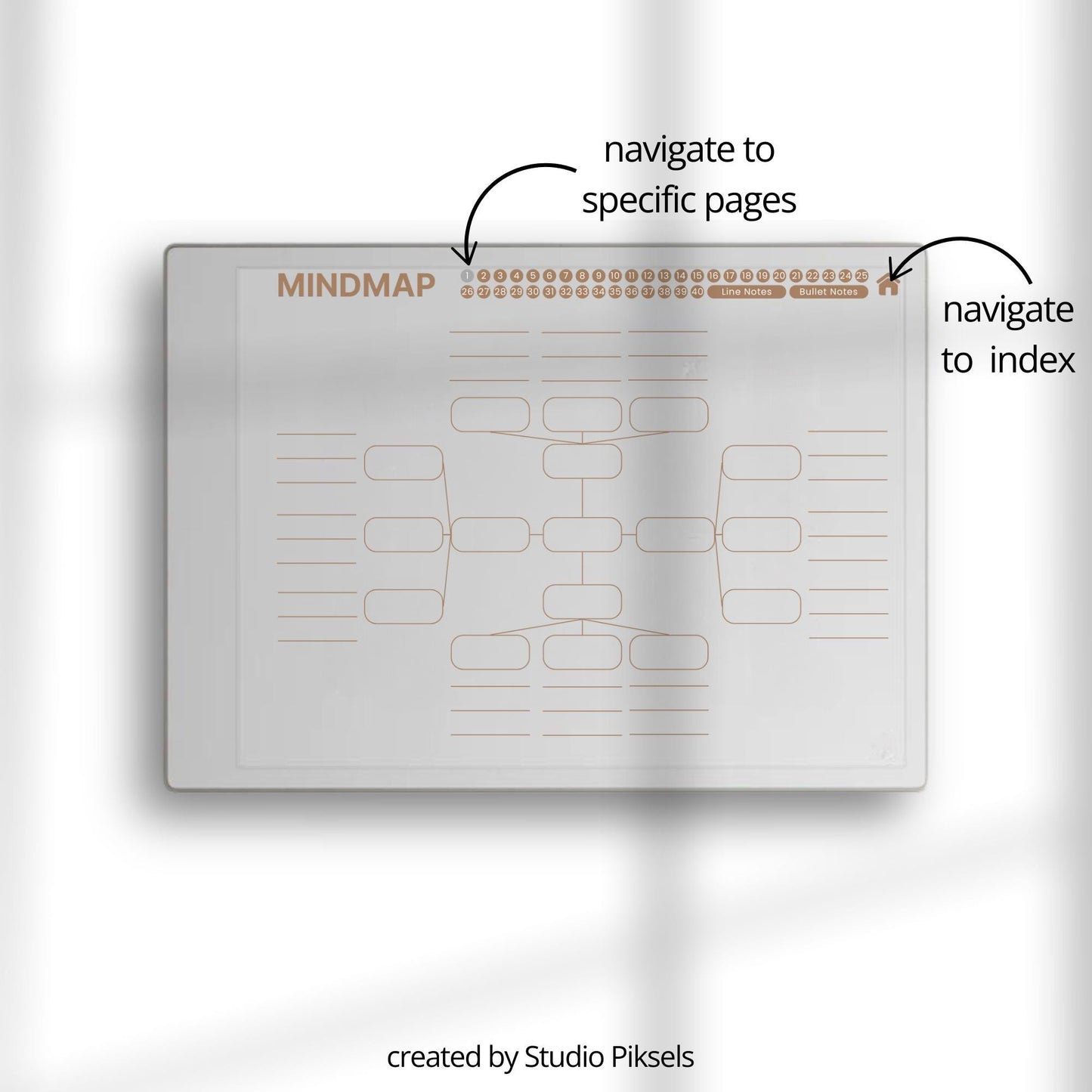 Mind Map and Idea Note for reMarkable Paper Pro with hyperlinked mind map pages, customizable index, and five color layouts.