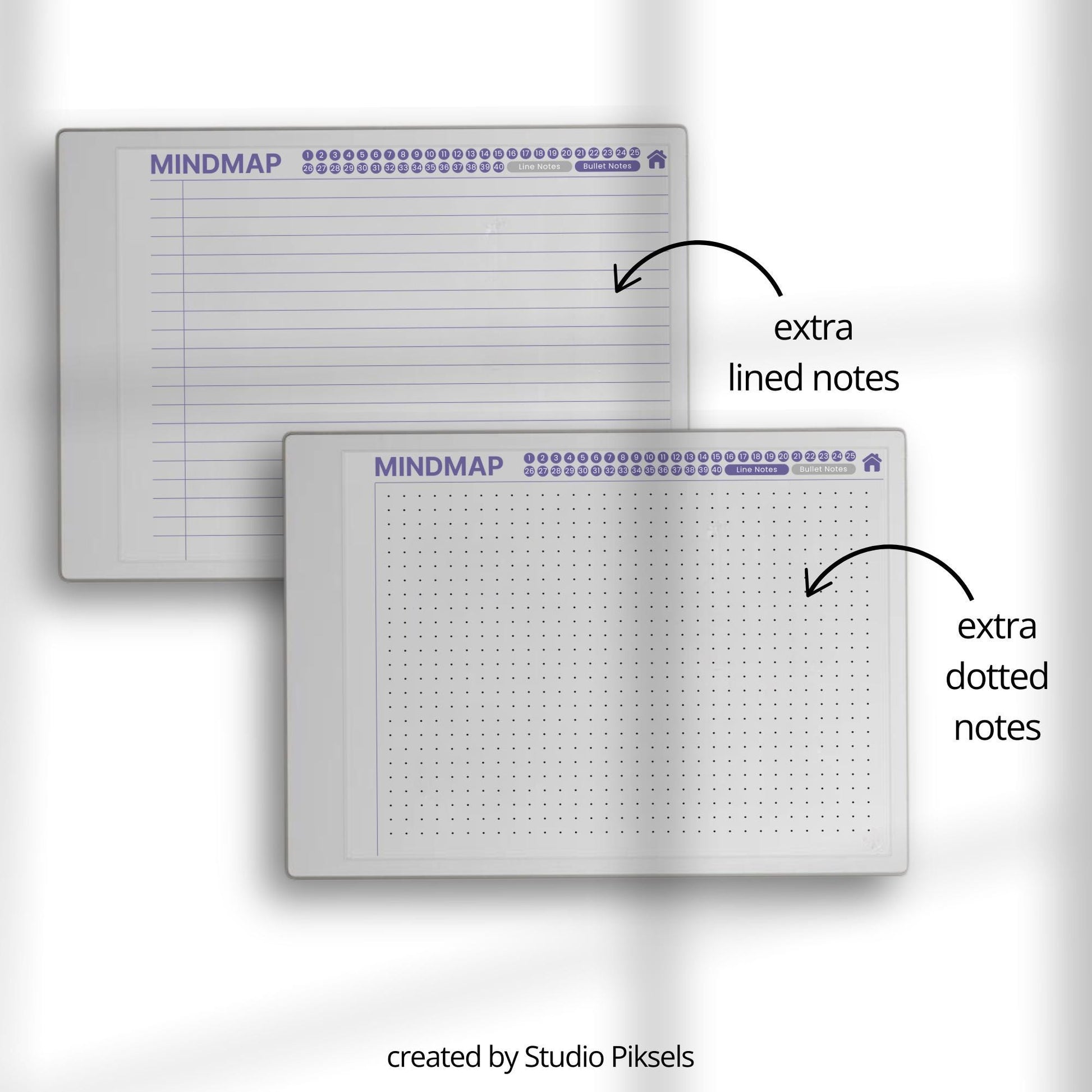 Mind Map and Idea Note for reMarkable Paper Pro with hyperlinked mind map pages, customizable index, and five color layouts.