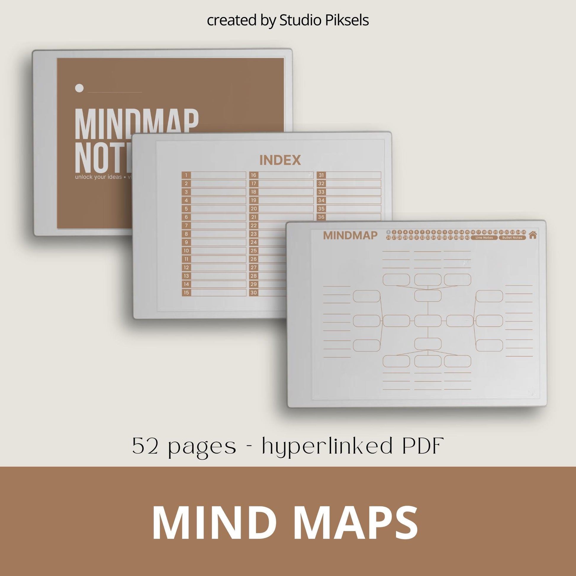 Mind Map and Idea Note for reMarkable Paper Pro with hyperlinked mind map pages, customizable index, and five color layouts.