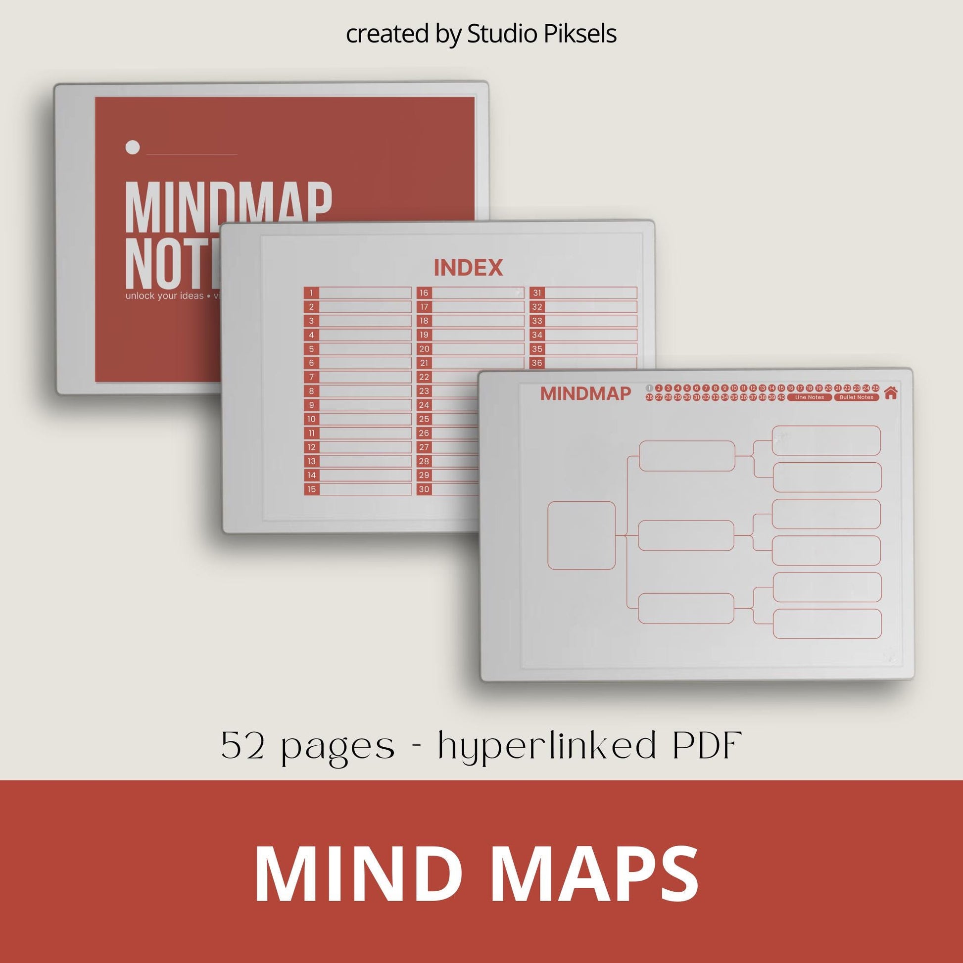 Mind Map and Idea Note for reMarkable Paper Pro with hyperlinked mind map pages, customizable index, and five color layouts.