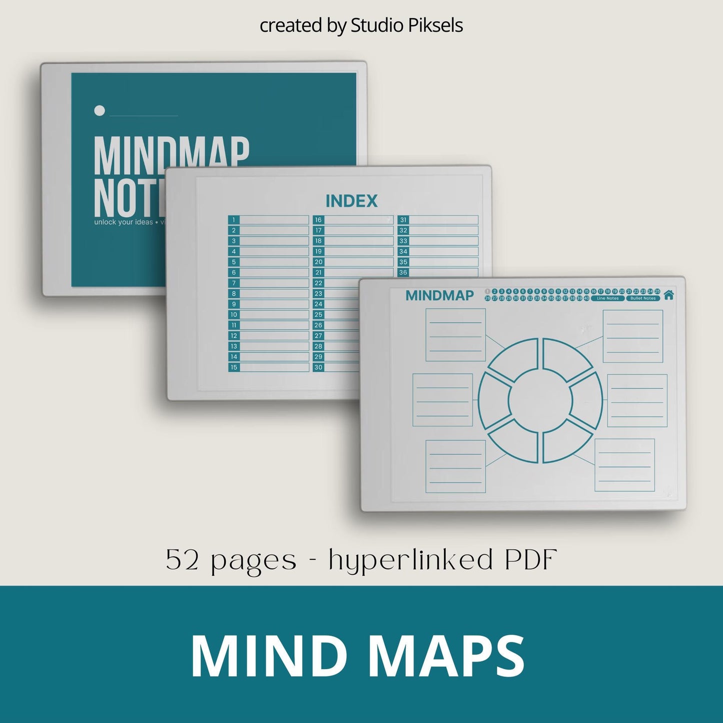 Mind Map and Idea Note for reMarkable Paper Pro with hyperlinked mind map pages, customizable index, and five color layouts.