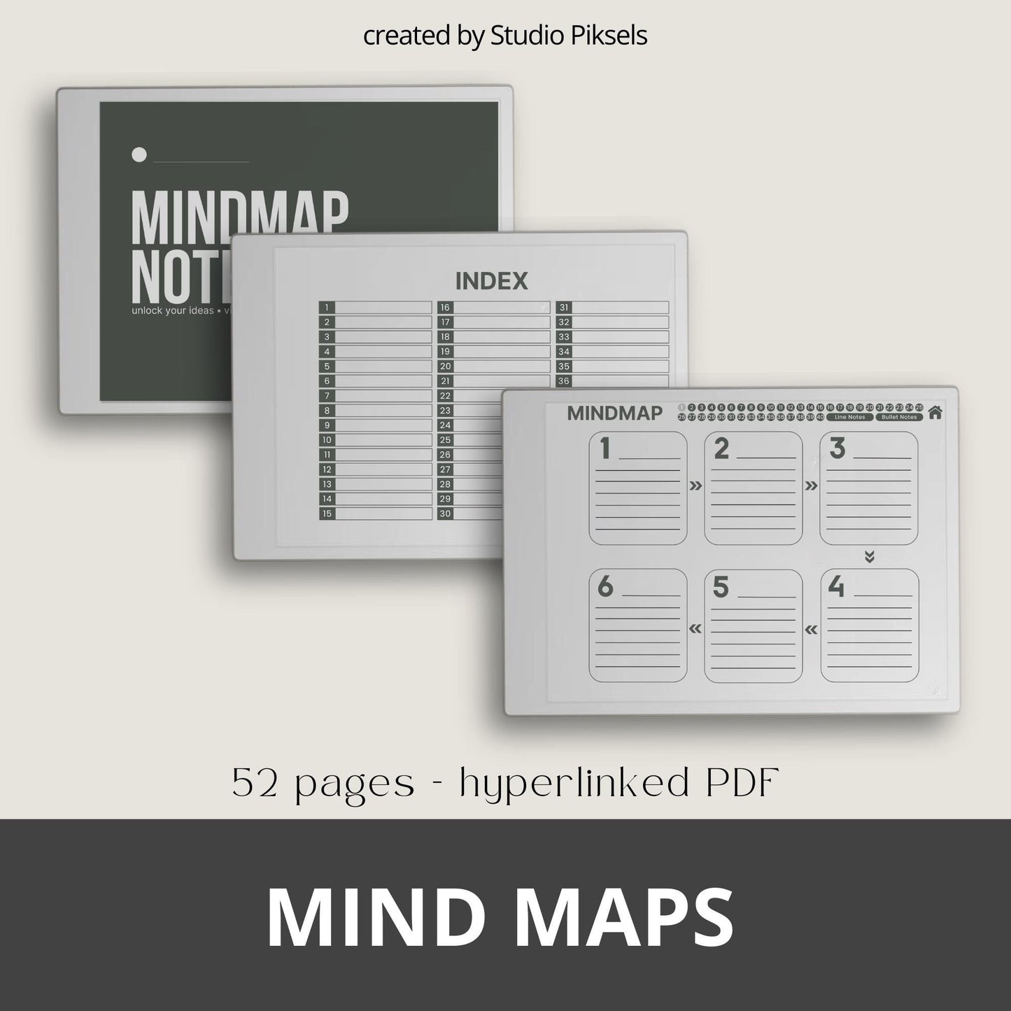 Mind Map and Idea Note for reMarkable Paper Pro with hyperlinked mind map pages, customizable index, and five color layouts.