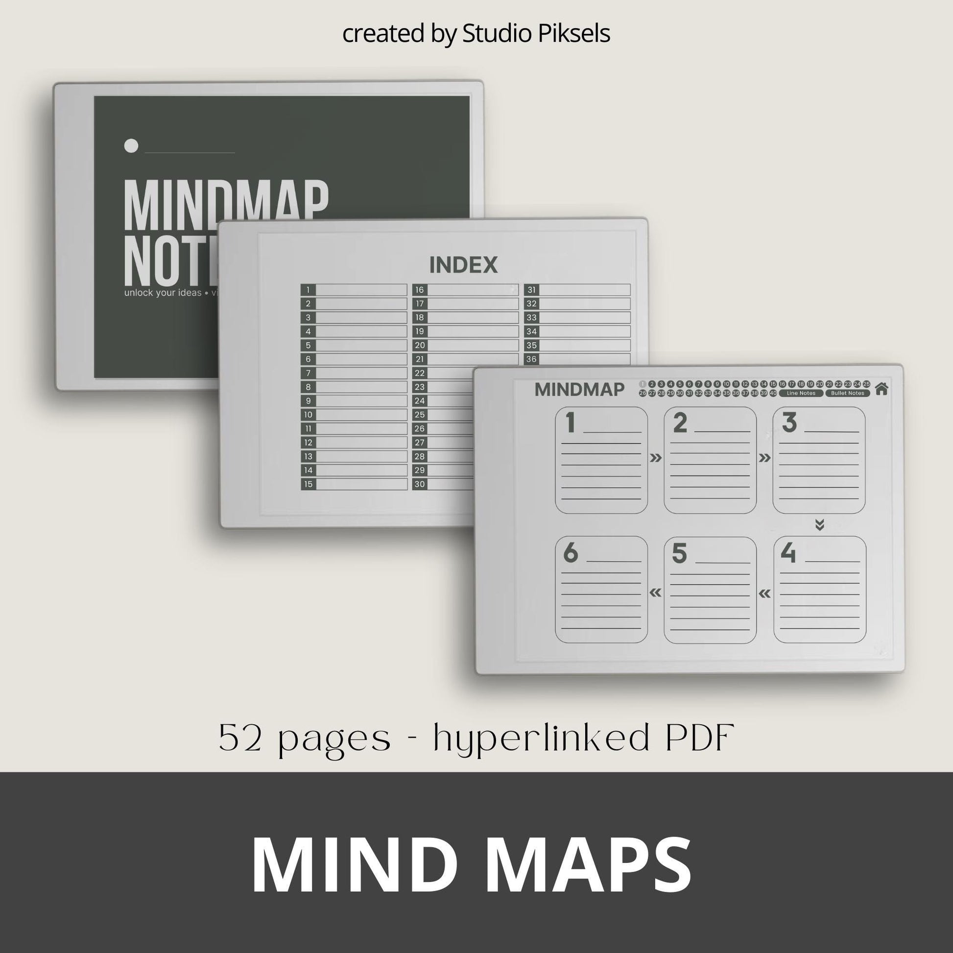 Mind Map and Idea Note for reMarkable Paper Pro with hyperlinked mind map pages, customizable index, and five color layouts.