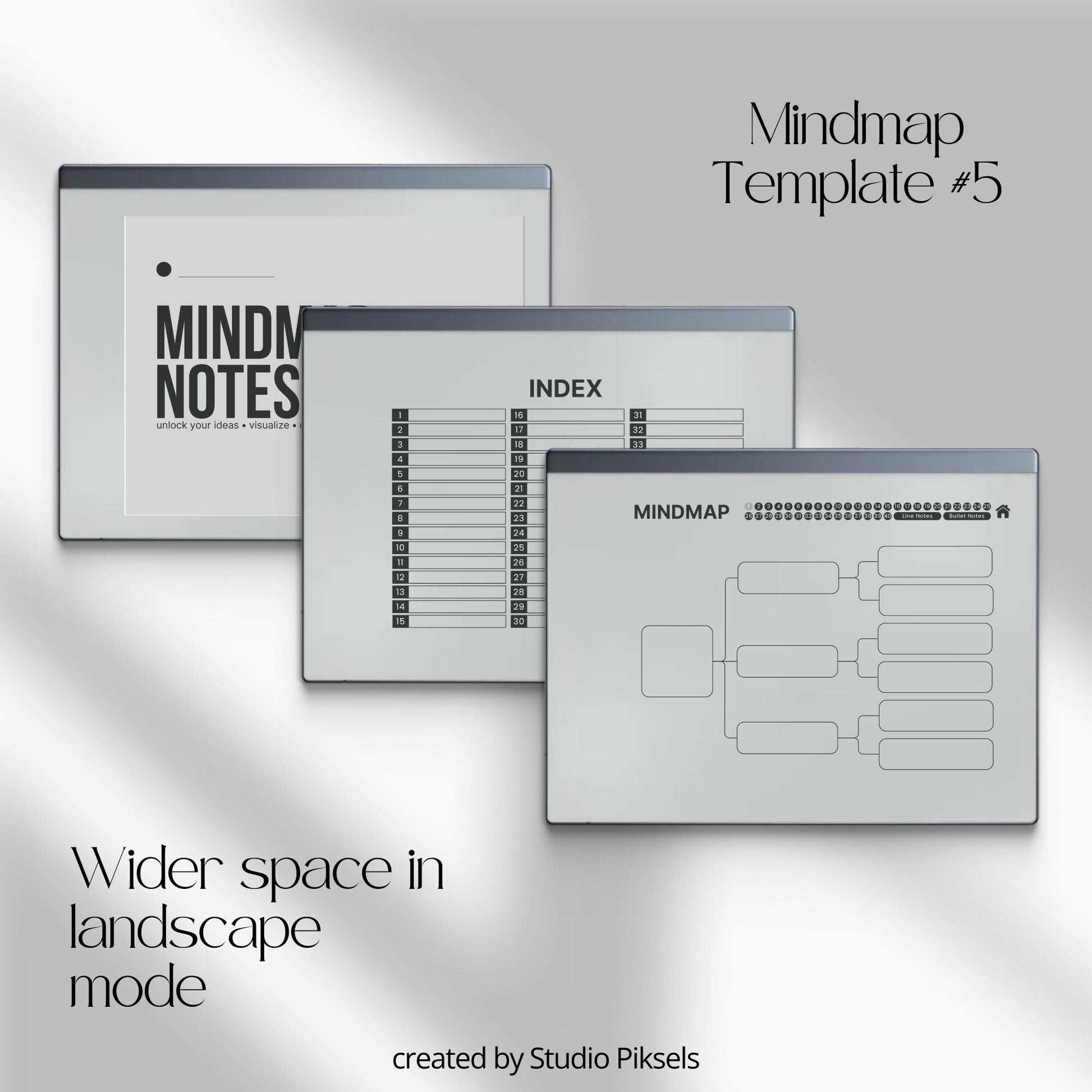 Mind Map Notebook Bundle for reMarkable 2 and reMarkable 1 with hyperlinked visual layouts and customizable index for digital brainstorming.