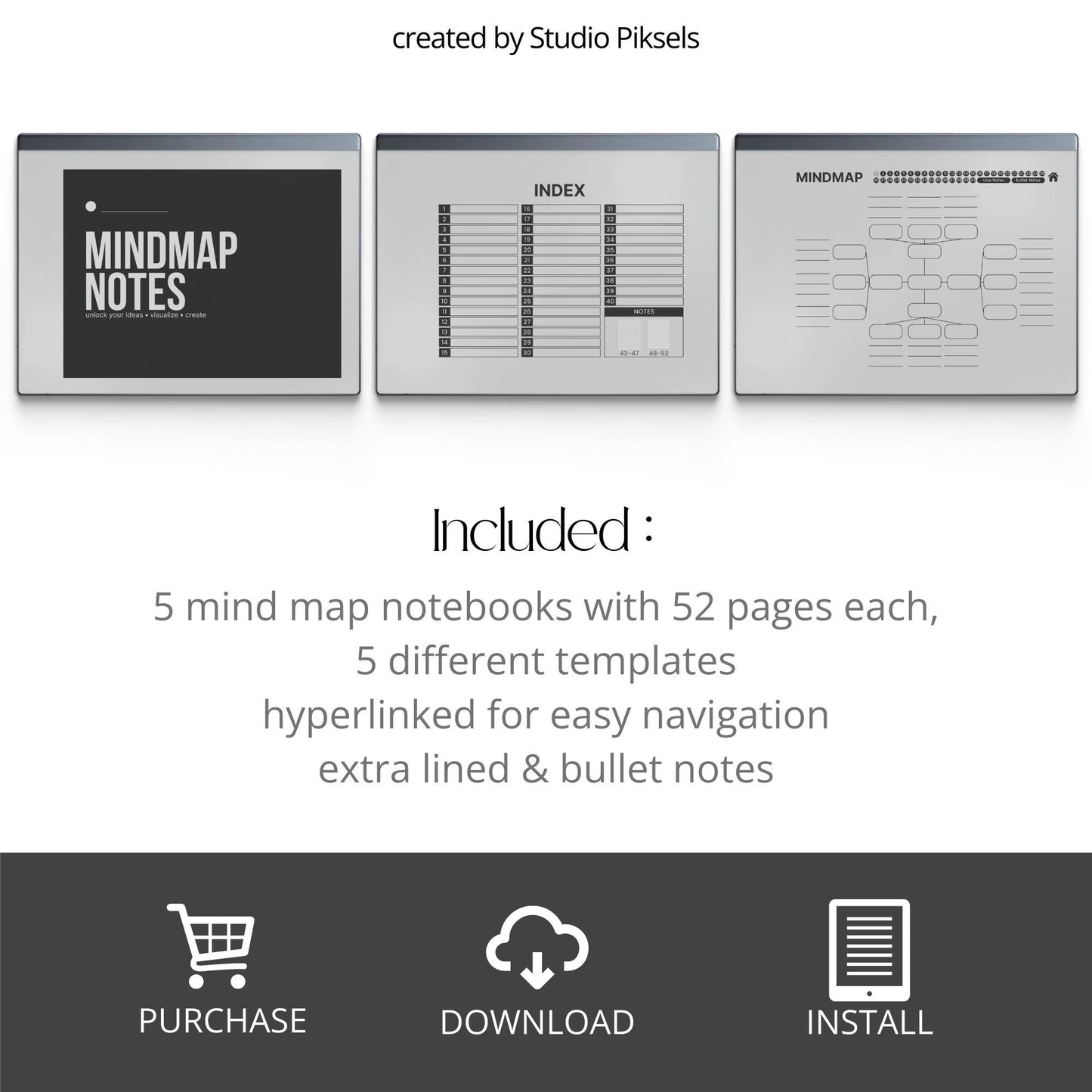 Mind Map Notebook Bundle for reMarkable 2 and reMarkable 1 with hyperlinked visual layouts and customizable index for digital brainstorming.