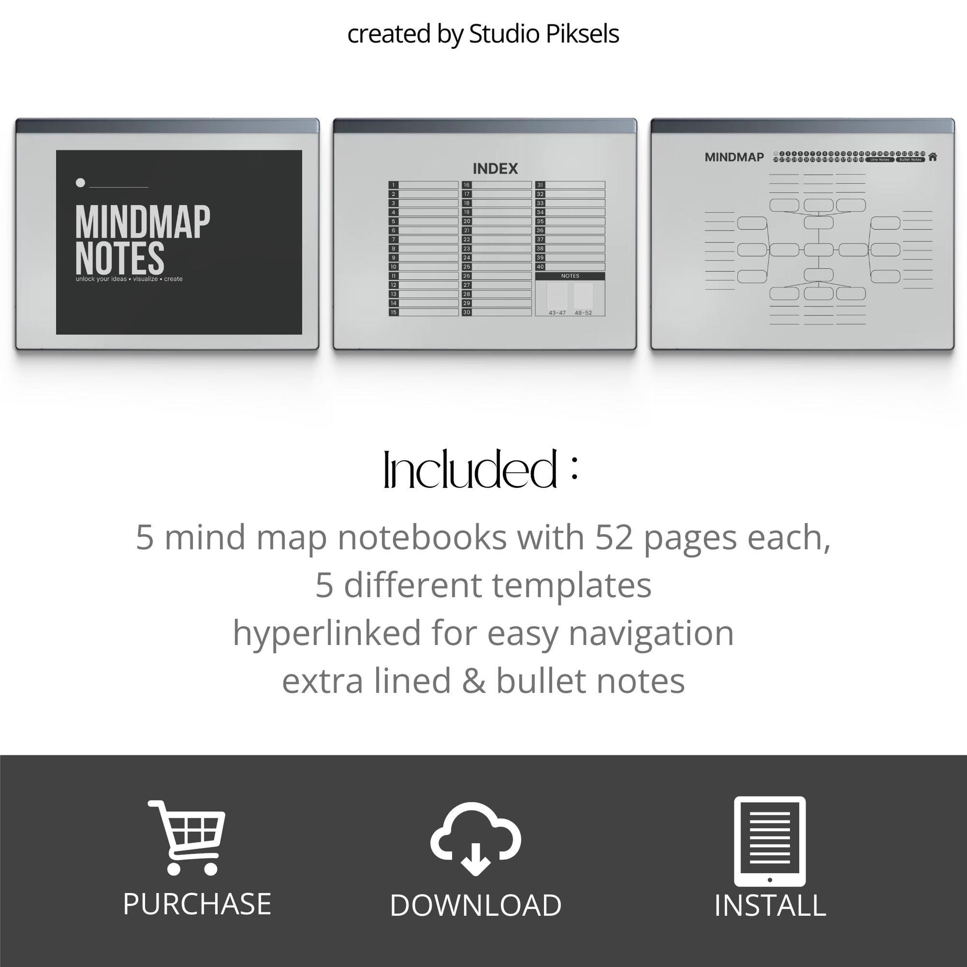 Mind Map Notebook Bundle for reMarkable 2 and reMarkable 1 with hyperlinked visual layouts and customizable index for digital brainstorming.