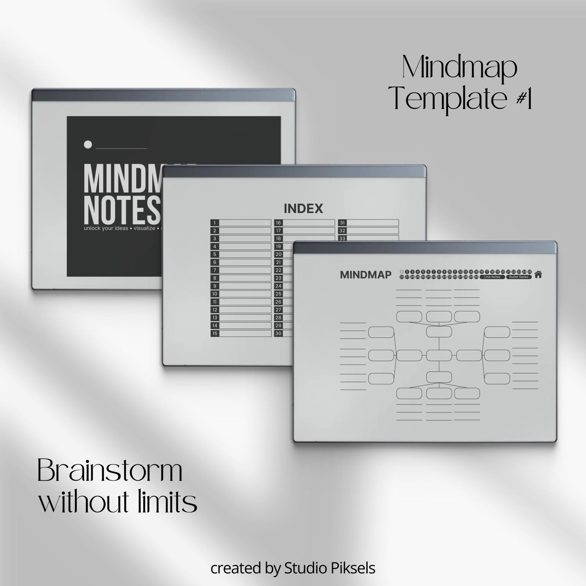 Mind Map Notebook Bundle for reMarkable 2 and reMarkable 1 with hyperlinked visual layouts and customizable index for digital brainstorming.