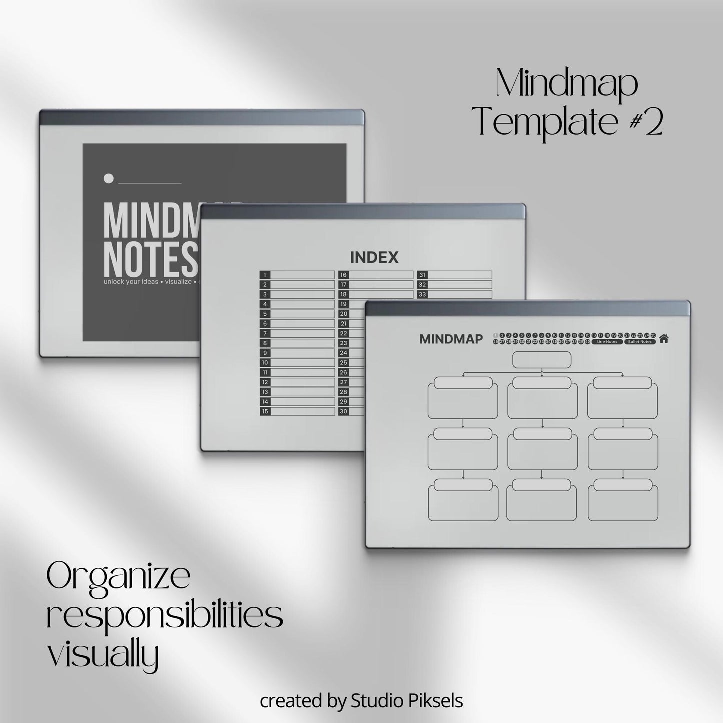 Mind Map Notebook Bundle for reMarkable 2 and reMarkable 1 with hyperlinked visual layouts and customizable index for digital brainstorming.