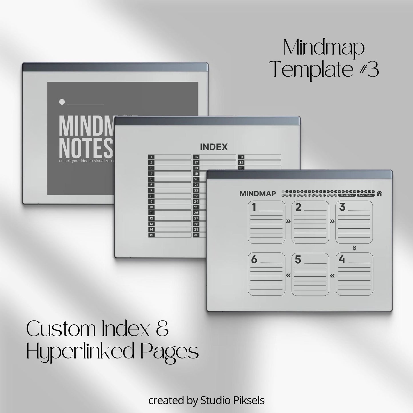 Mind Map Notebook Bundle for reMarkable 2 and reMarkable 1 with hyperlinked visual layouts and customizable index for digital brainstorming.