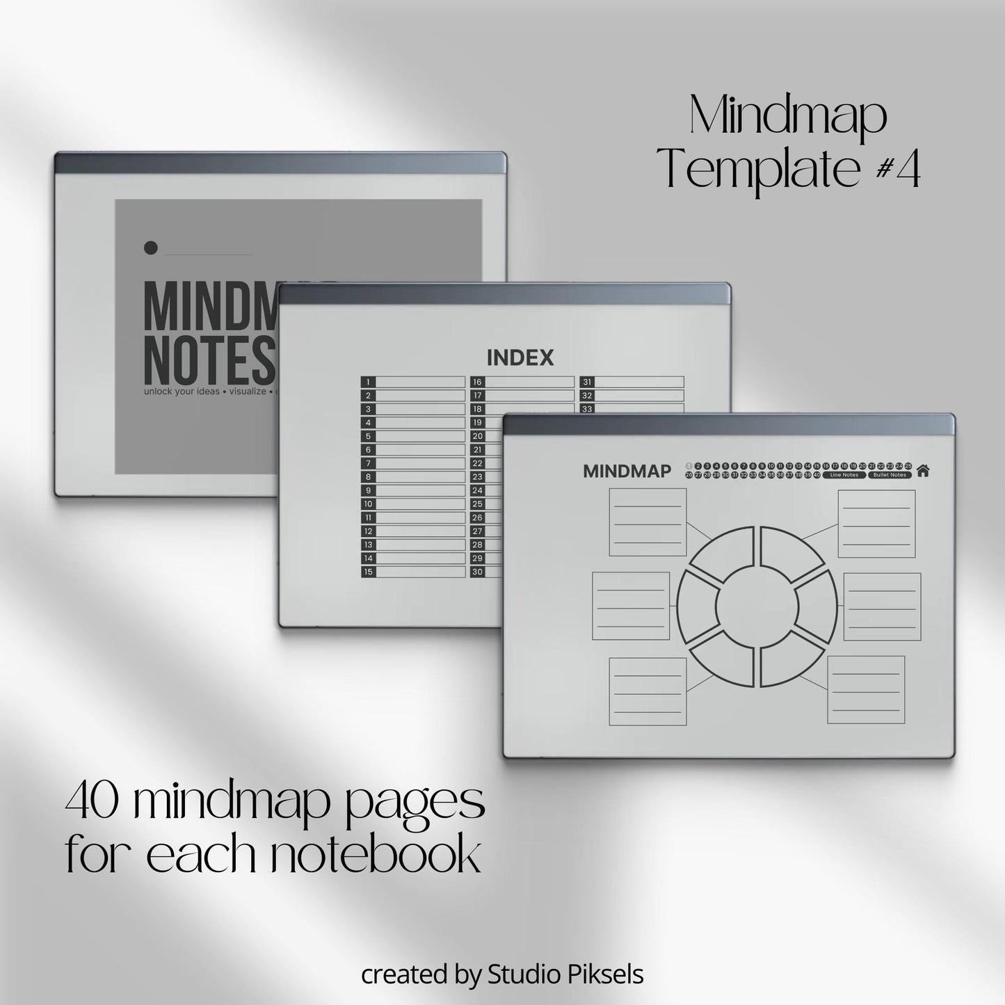 Mind Map Notebook Bundle for reMarkable 2 and reMarkable 1 with hyperlinked visual layouts and customizable index for digital brainstorming.