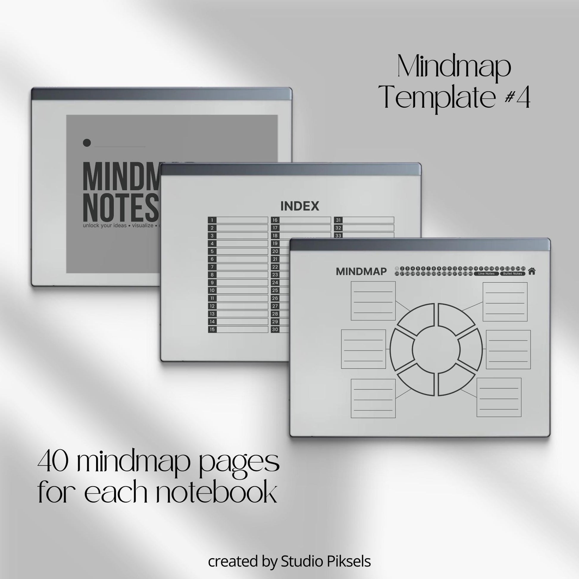 Mind Map Notebook Bundle for reMarkable 2 and reMarkable 1 with hyperlinked visual layouts and customizable index for digital brainstorming.