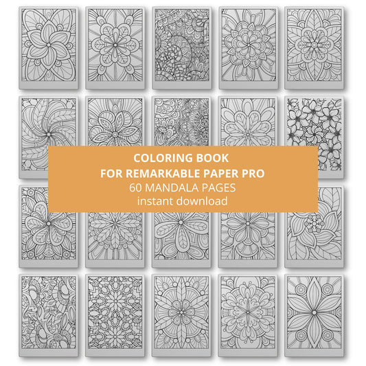 Mindful mandala coloring book for reMarkable Paper Pro featuring 60 digital coloring pages designed for relaxation, mindfulness, and creative focus with detailed mandala patterns for eInk coloring experience.