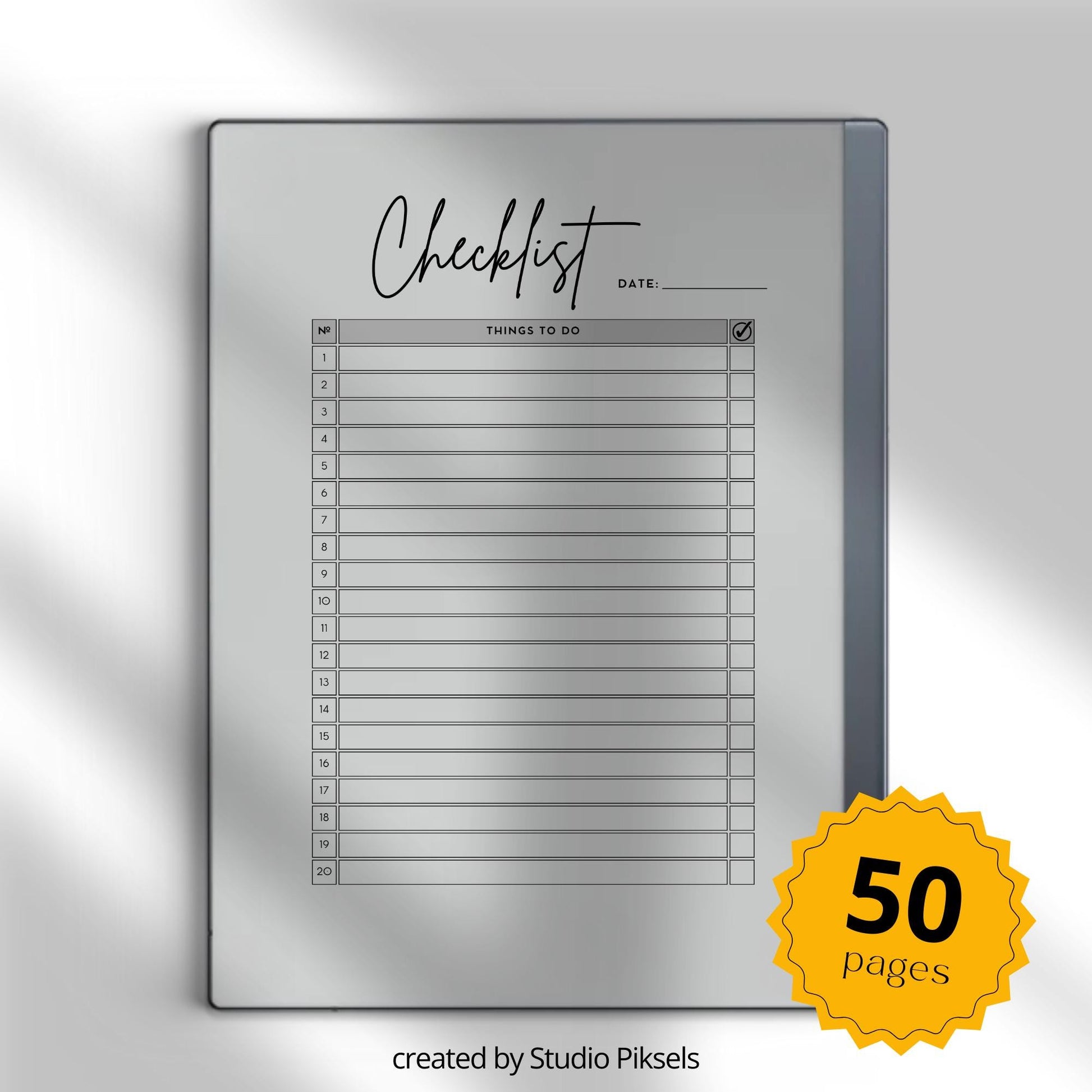 Checklist Notebook for reMarkable 2 and reMarkable Paper Pure featuring reusable digital checklist pages with minimalist task tracking and productivity layouts.