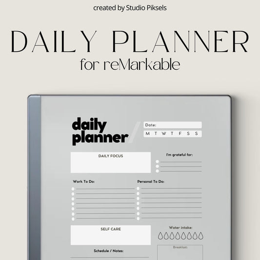 Minimalist Daily Planner for reMarkable 2 featuring an undated reusable PDF layout with daily focus, gratitude, personal and work task lists, meal planner, water tracker, self-care section, notes area, and bonus note-taking template.