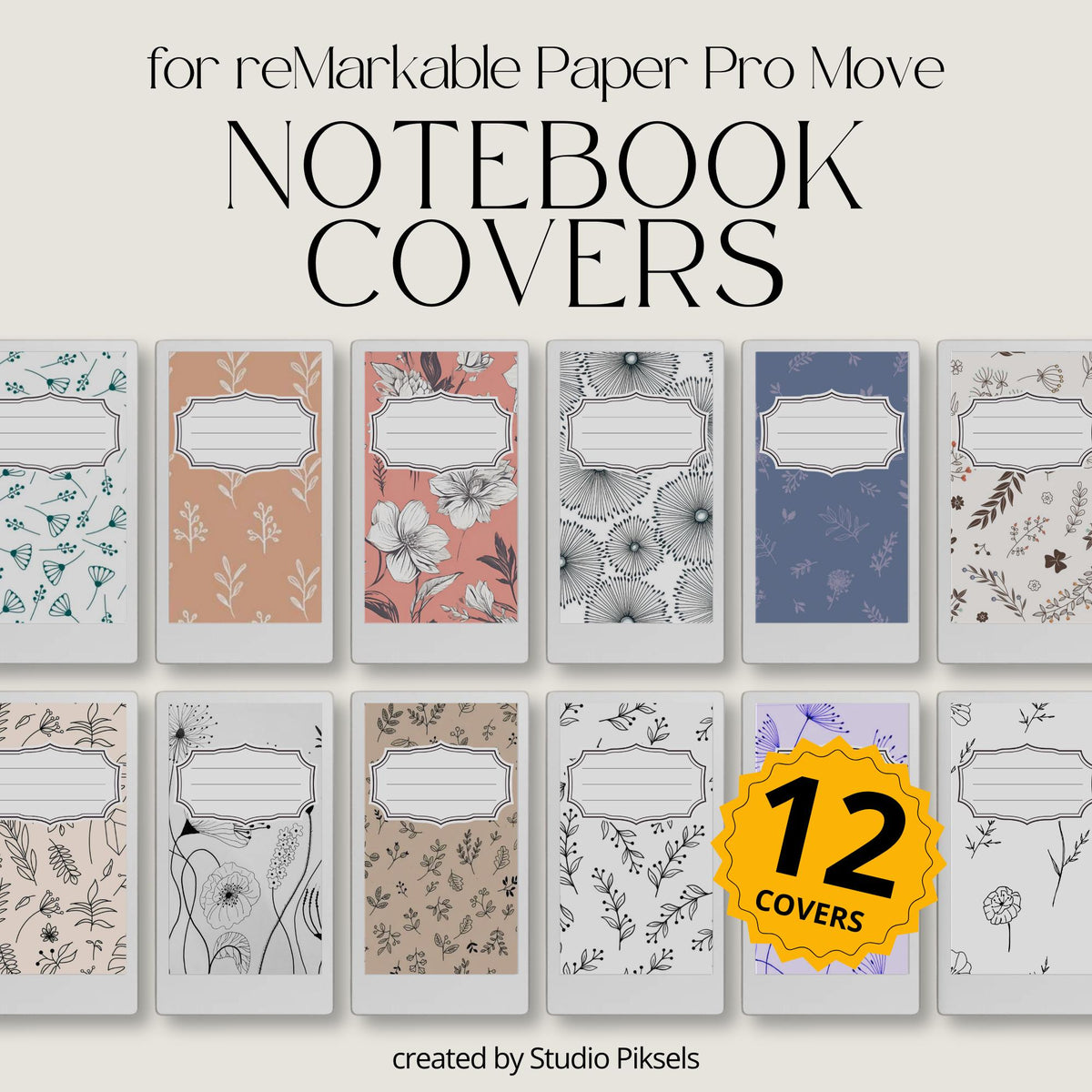 Flower notebook cover bundle for the reMarkable Paper Pro Move featuring 12 minimalist floral digital covers, botanical line-art, and file organization layouts.