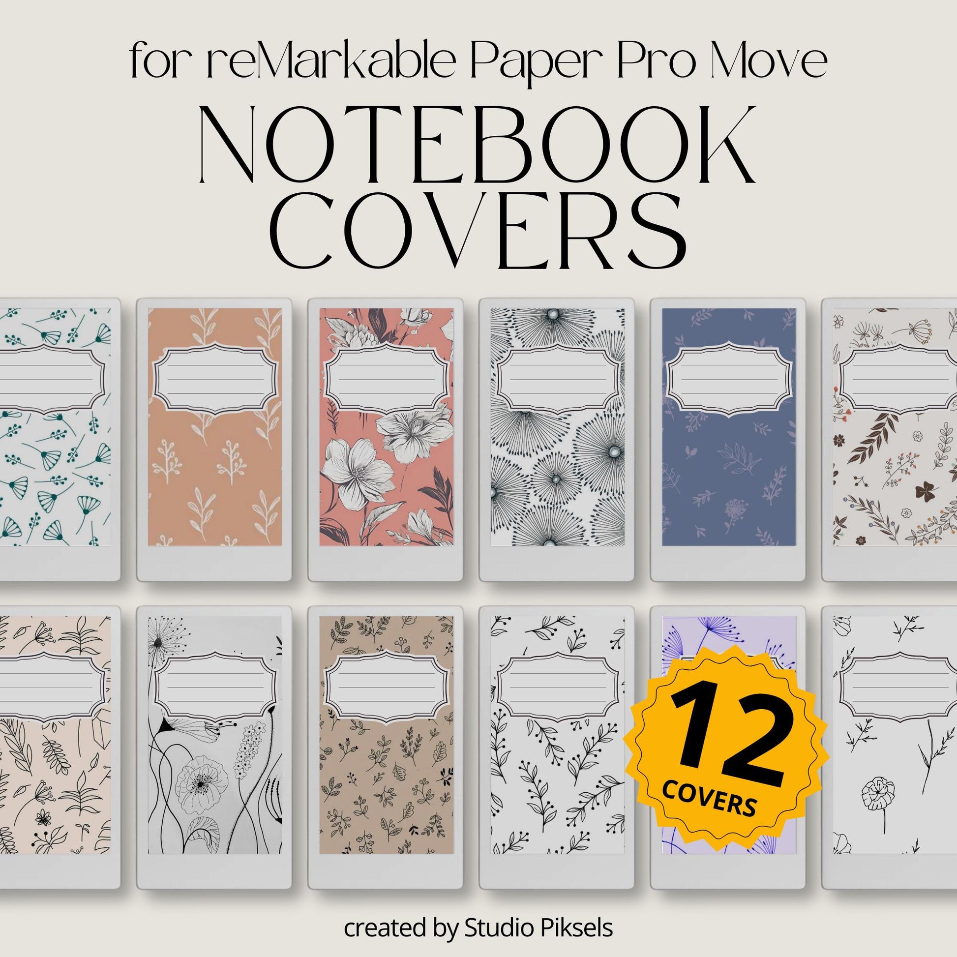 Flower notebook cover bundle for the reMarkable Paper Pro Move featuring 12 minimalist floral digital covers, botanical line-art, and file organization layouts.