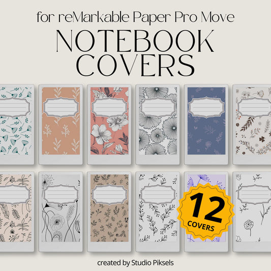 Flower notebook cover bundle for the reMarkable Paper Pro Move featuring 12 minimalist floral digital covers, botanical line-art, and file organization layouts.