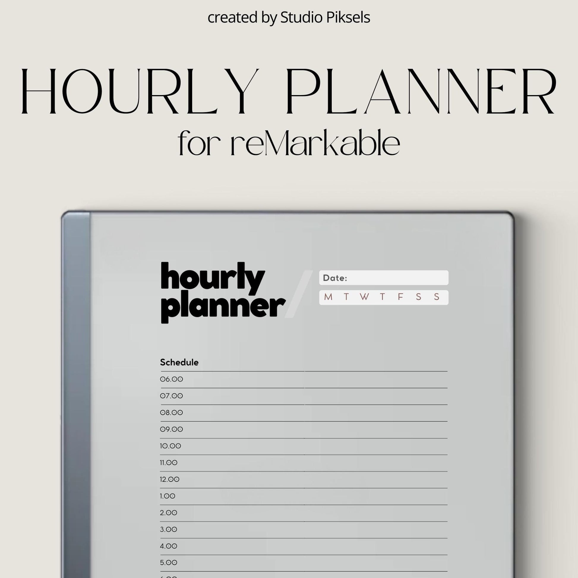 Hourly Planner for reMarkable 2 and reMarkable Paper Pure featuring minimalist hourly scheduling pages, reusable undated layouts, and digital notes sections 
