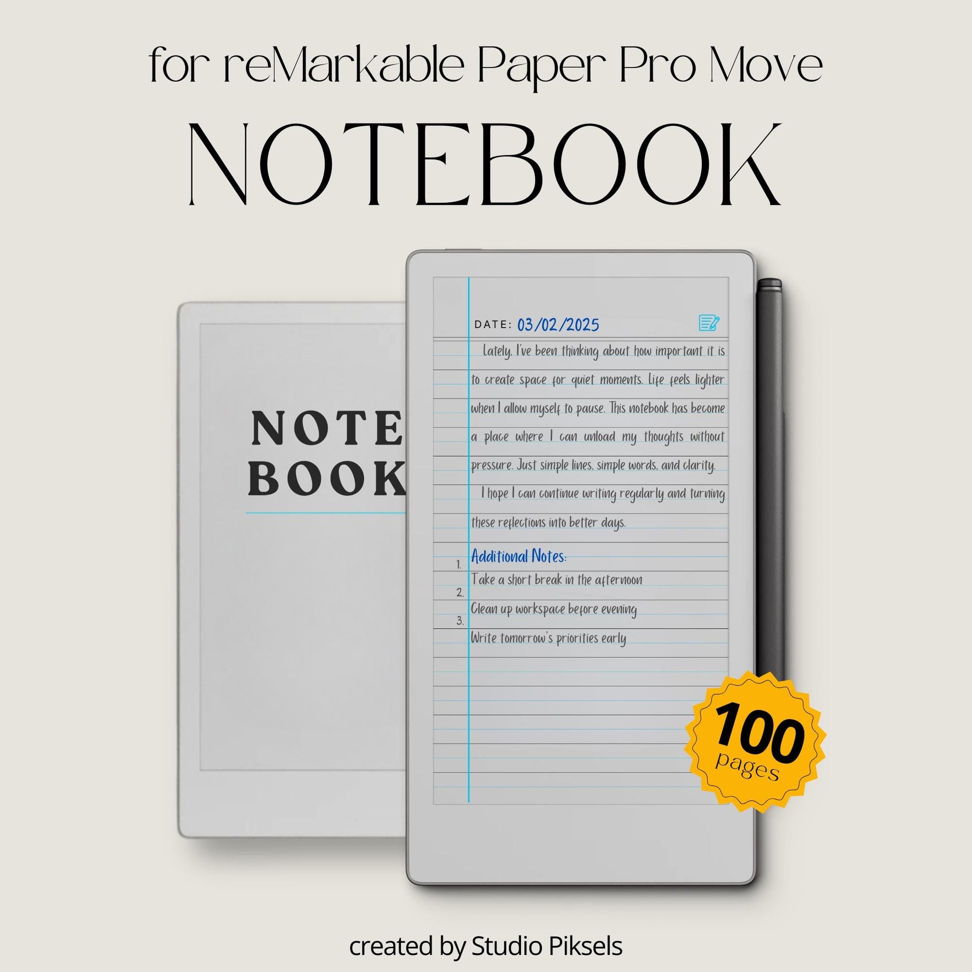 Legal ruled digital notebook for reMarkable Paper Pro Move with blue margin lines and 100 structured writing pages